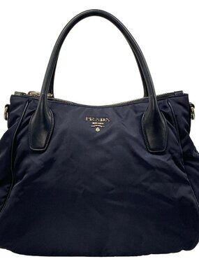 PRADA Navy Dark Navy Nylon Leather Handbag